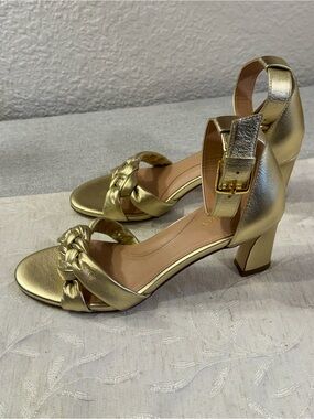 Cole Haan Adella Braided Ankle Strap Sandals in gold leather, size 7 block heel